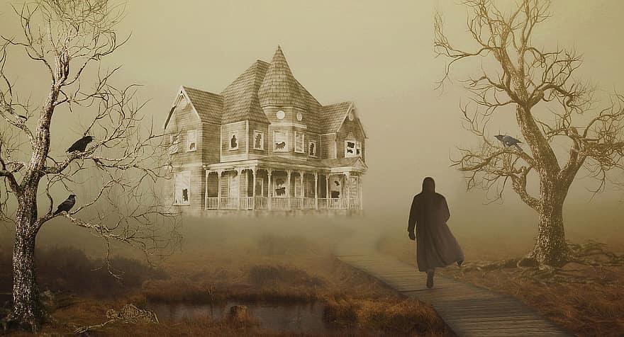 fantasia, mystinen, kummitus talo, mies