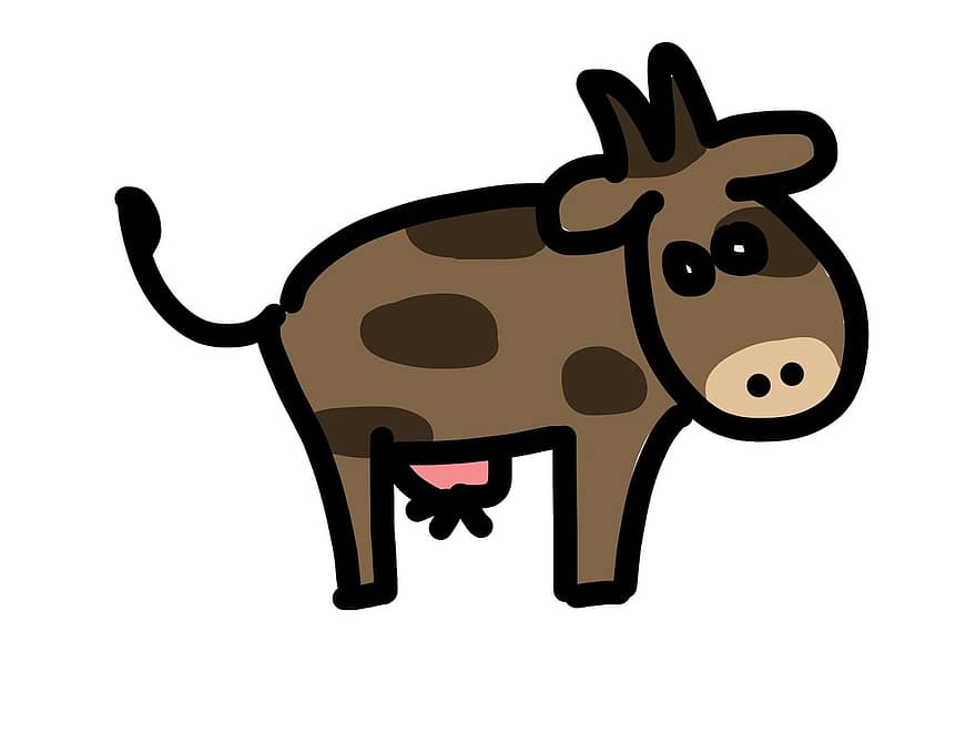 kráva, hovězí, hnědý, kreslená pohádka