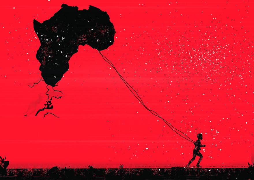 Afrika, Keňa, děti, mír, vlajka, papírový drak, digitální, silueta, plocha počítače, obrazovka, sdělení