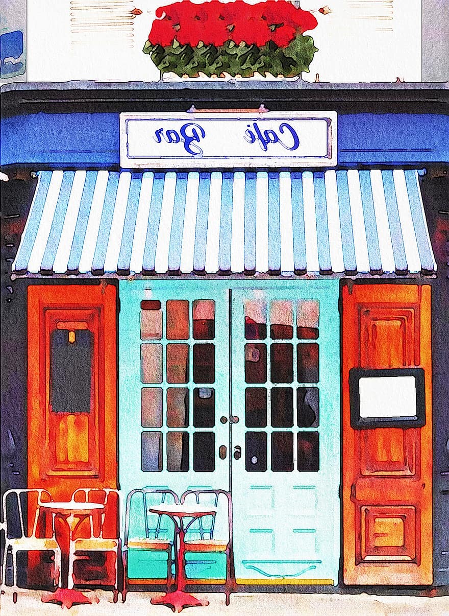 Akvarel cafe, paris cafe, bistro, restaurant, Frankrig, bord, Europa, fransk, kaffe, by, fortov