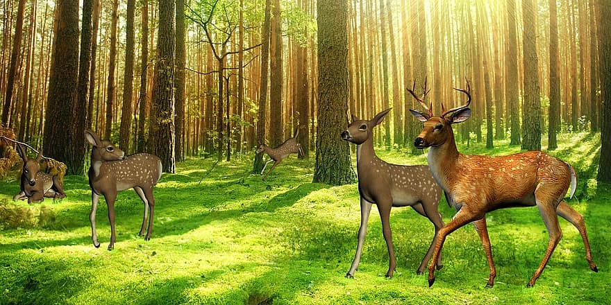 Deer, Hirsch, Kitz, Forest, Fallow Deer, Wild, Antler, Moss, Nature, Flock
