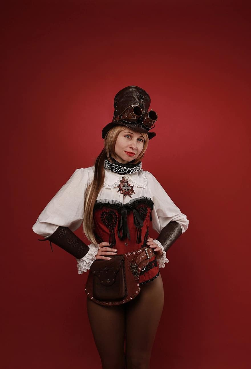 steampunk, young woman, cosplay, women, one person, caucasian ethnicity, sensuality, looking at camera, adult, beauty, fashion