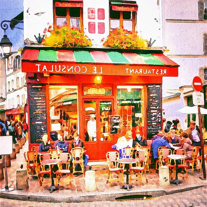 akvarel, paris cafe, Bistro, Paris, Frankrig, Europa, fransk, by, arkitektur, årgang, boutique