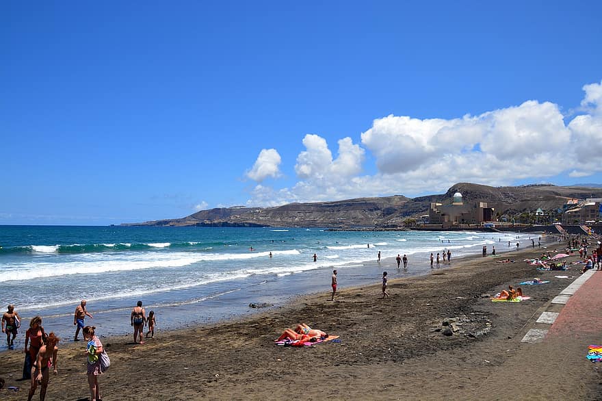 plaża, wakacje, Las Palmas, Hiszpania, lato, piasek, Wybrzeże, turyści, ludzie, fala, morze