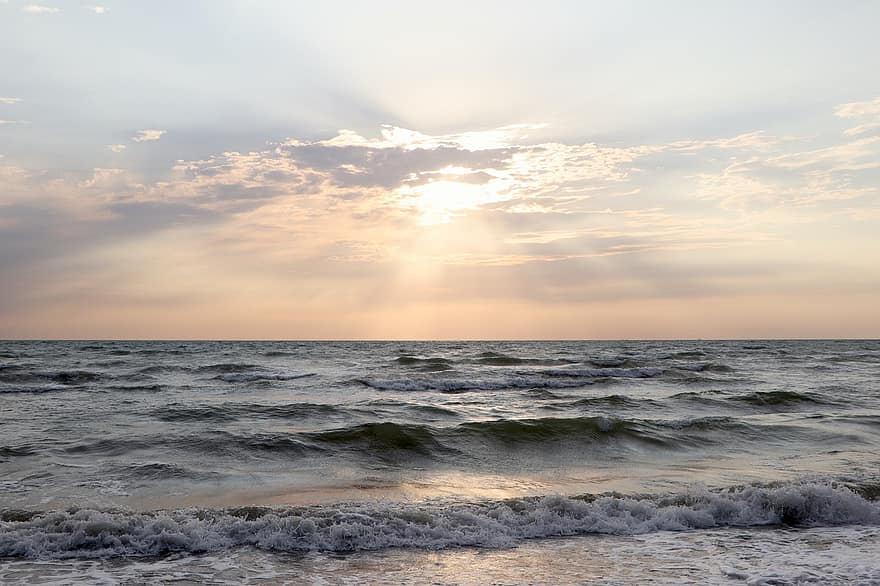 mar, El mar de Azov, amanecer, horizonte, cielo, fondo, marina, olas, estrellarse, Oceano, playa