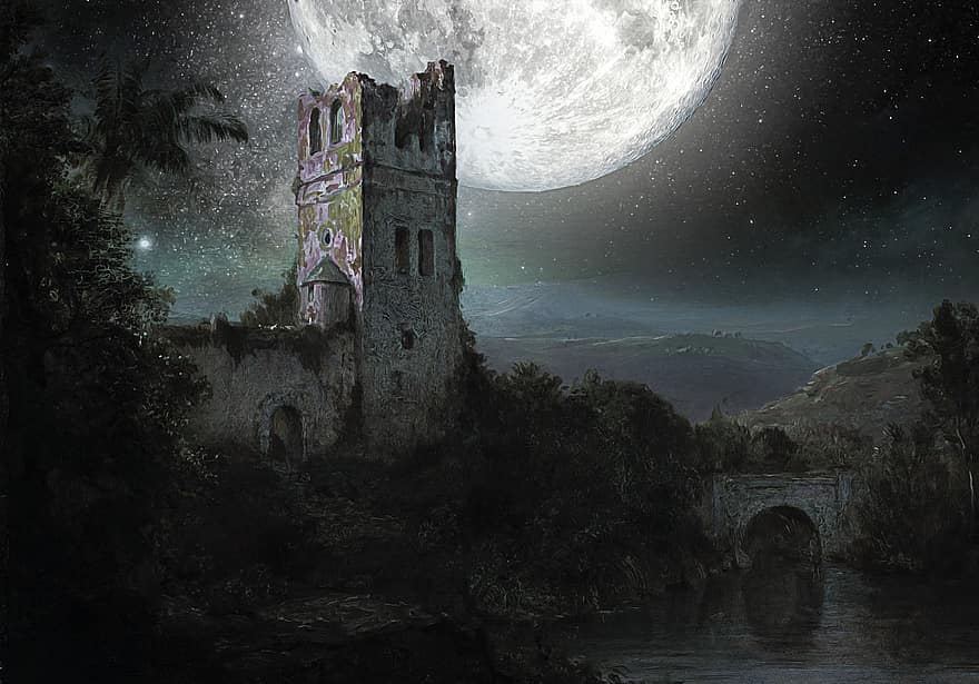 Луна, замок, ночь, сцена, средневековый, архитектура, древний, крепость, уединенный, руины, старые руины
