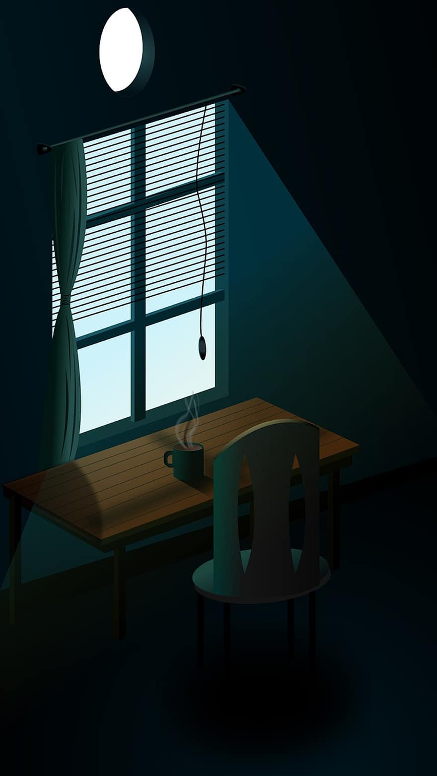 sötét szoba, szék, asztal, ablak, fény, szoba, bútor, fedett