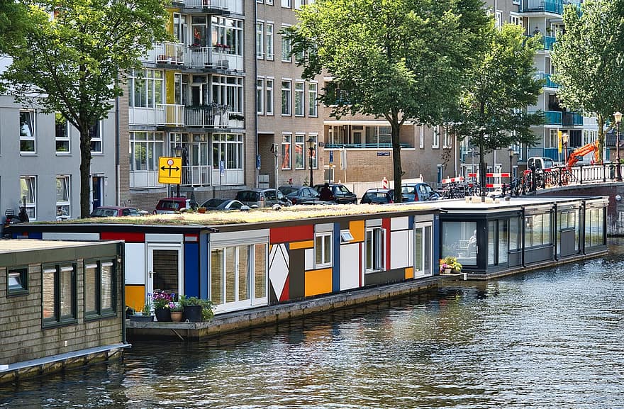 husbåtar, vattenväg, kanal, amsterdam