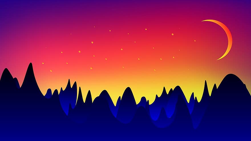 Landschaft, Hintergrund, Himmel, Blau, Design, Mond, Natur, Berge, Nacht-, Mond-, Hälfte