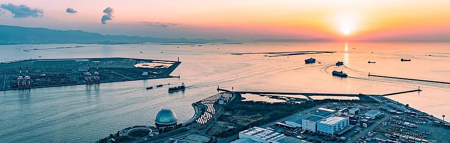 landskab, panorama, solnedgang, hav, skib, fragtskib, færge, osaka bay kystområde, seto indre hav, logistik, japan