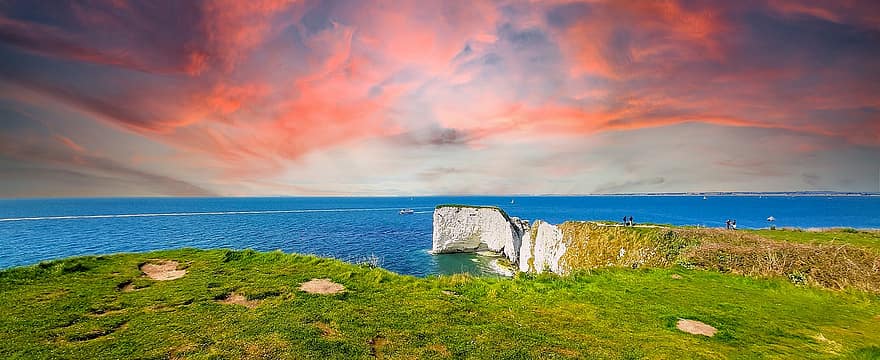 vista do mar, por do sol, ilha, mar, Dorset, Inglaterra, oceano, natureza