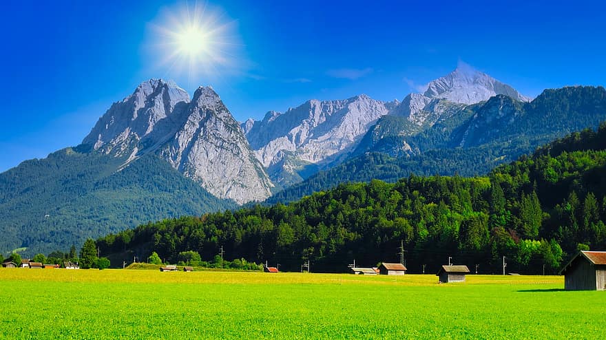 Mountains, Valley, Cabins, Houses, Trees, Forest, Countryside, Mittenwald, Gebirge, Berge