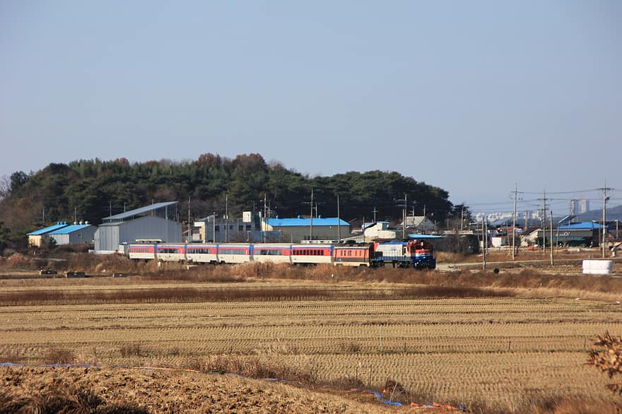 Wieś, pociąg, wiejski, popędzać, Korea, Republika Korei, korail, ruch drogowy, szyna, transport, lokomotywa