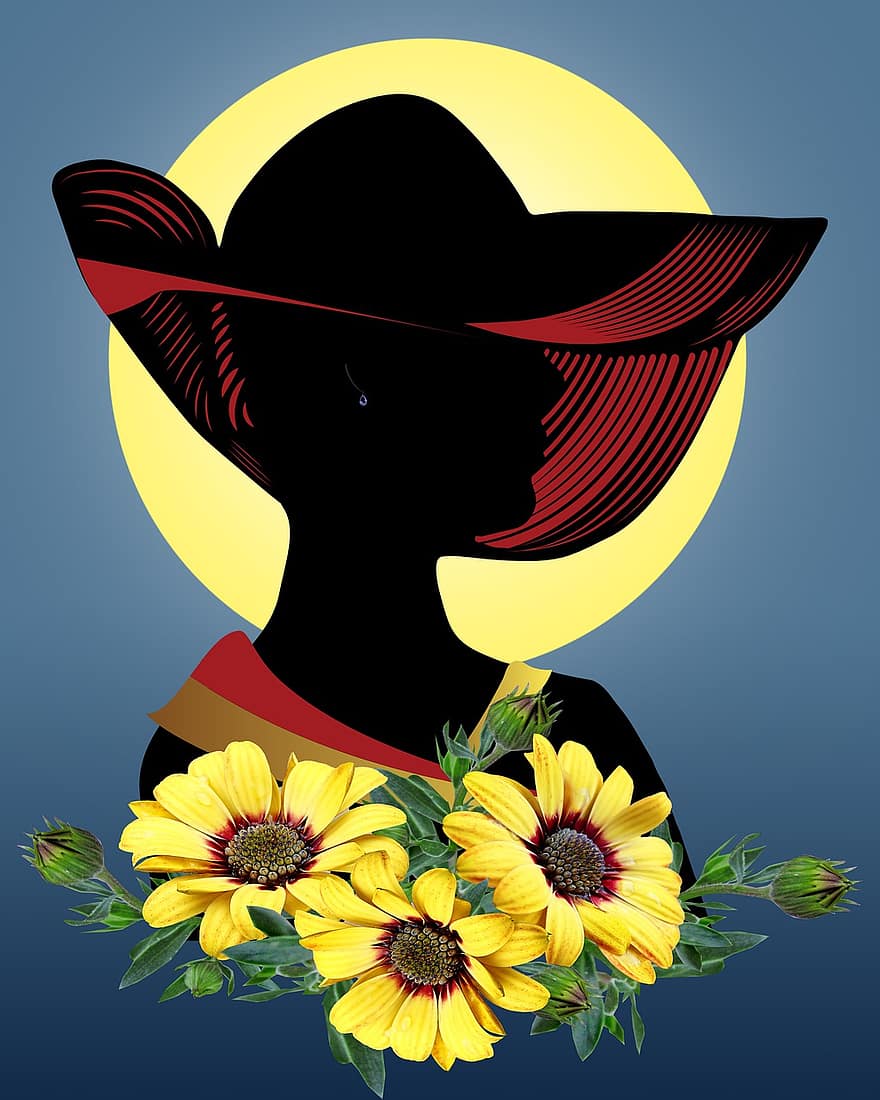 femme, mode, silhouette, fleurs, chapeau, art numérique, jaune, été, femmes, illustration, vecteur