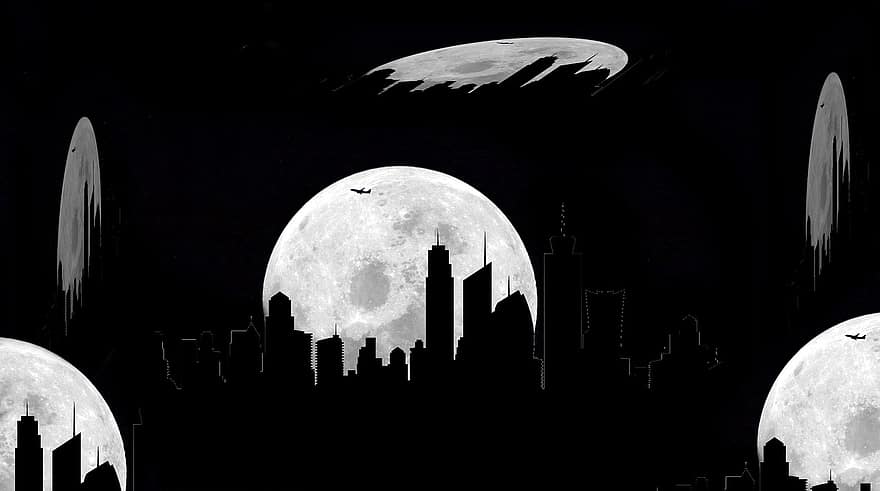prédios, contra a luz, noite, lua, luar, noite de lua cheia, reflexão, cidade