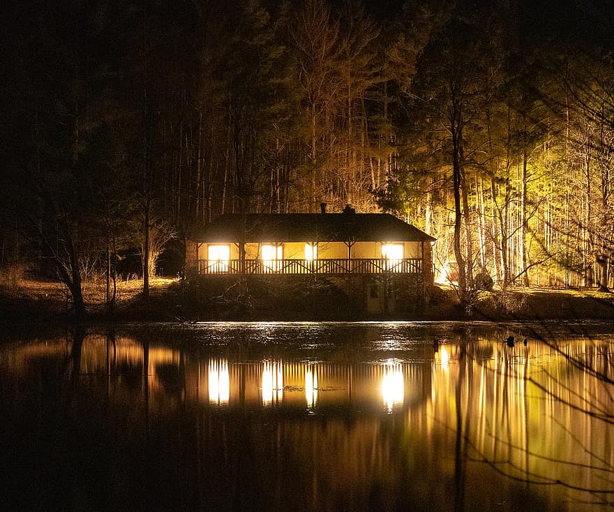 Cabin, Lake, Illuminated, Trees, Forest, Woods, Cottage, House, Lake House, Mirroring, Reflection