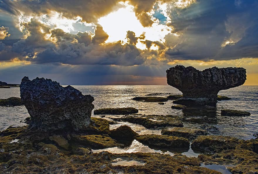 óceán, tenger, sziklák, napnyugta, utazás, felfedezés, felhők, természet, cavo greko, Ciprus