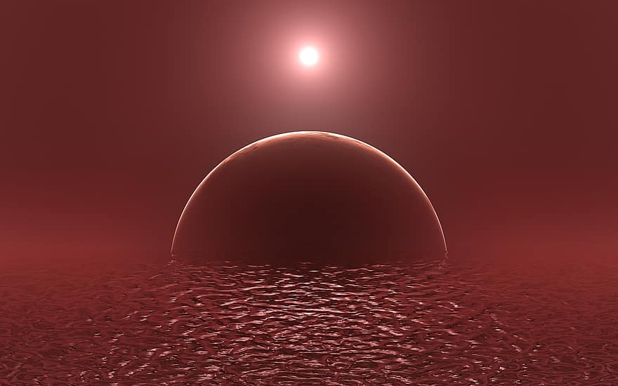 Alien Planet, Exoplanet, Ocean, Exomoon, Scarlet, Red, Another World, Extraterrestrial, Sea, Fiction, Serene