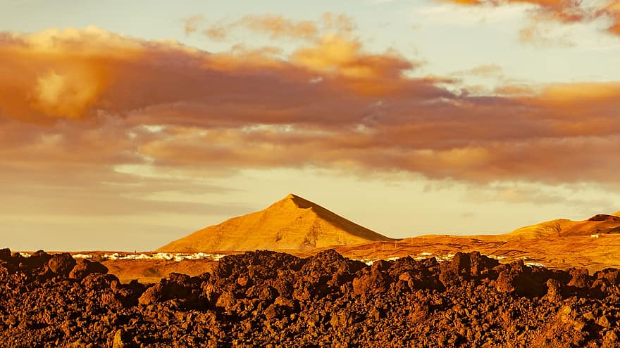 Lanzarote, вулкан, заход солнца, природа, пейзаж, гора, Канарские острова, ла пальма, облака, небо