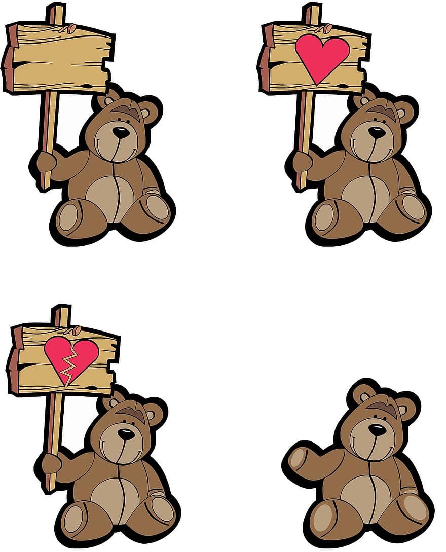 cartello, amore, romanza, cuore, legna, giocattolo, sfocato, amour, San Valentino, rotto, orso