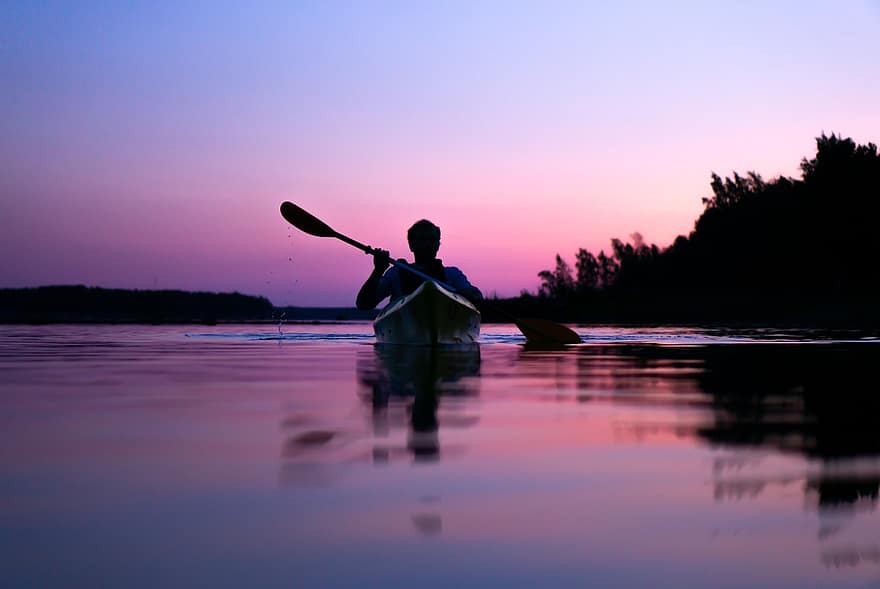 kayak, matahari terbenam, waktu luang, perjalanan, liburan, rekreasi, eksplorasi, di luar rumah, laut, dayung, olahraga