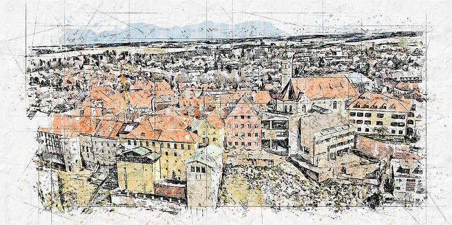 ville, immeubles, photo d'art, Urbain, paysage urbain, Maisons, centre ville, vue aérienne, Dachau, la bavière, Allemagne