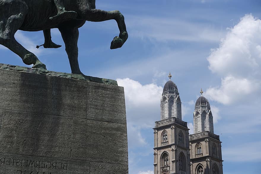 паметник, кон, сграда, църква, мост, исторически, исторически център, небе, вода, пътуване, Цюрих