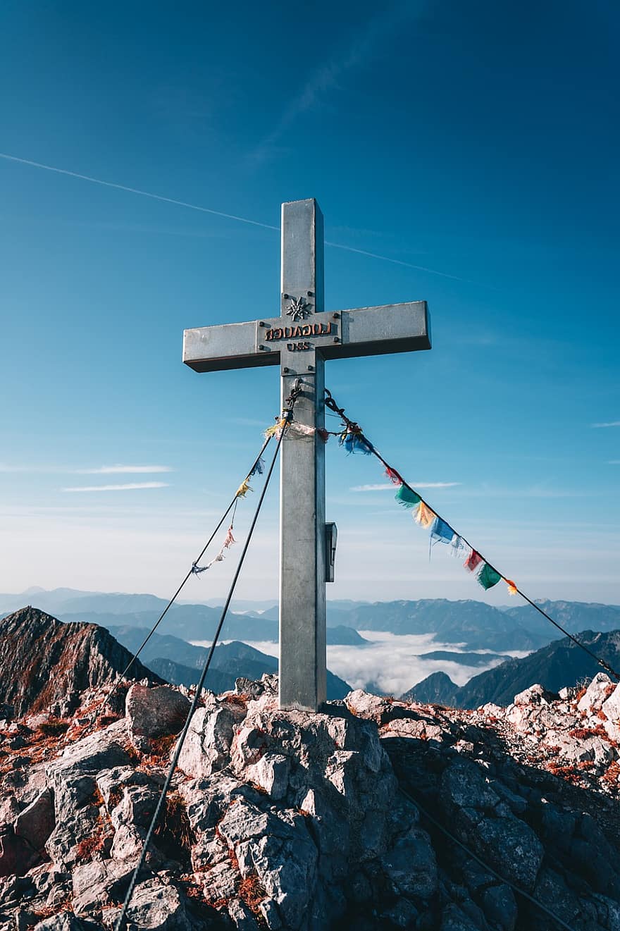 croix au sommet, Montagne, L'Autriche, paysage, une randonnée, escalade, des nuages, escalade en montagne