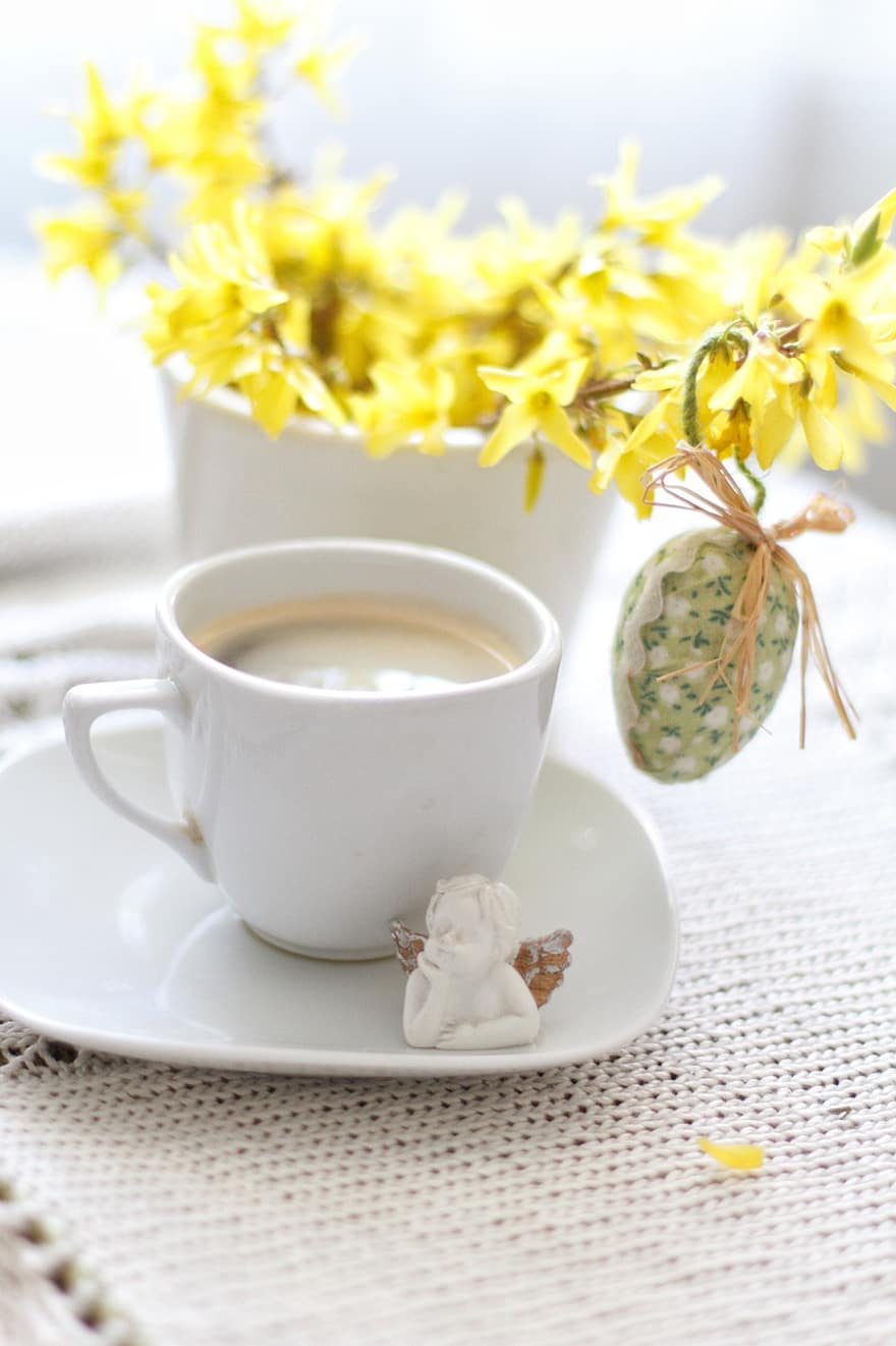 Easter, Coffee, Flowers, Easter Decor, Decoration, Morning, Yellow Flowers, close-up, yellow, flower, drink