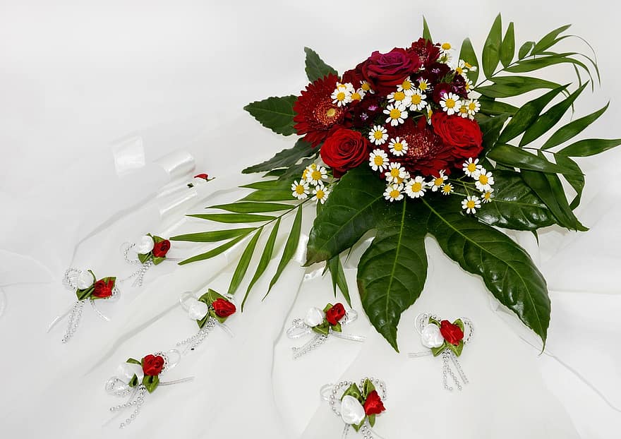 Blumen Bouquet, Strauß, Blumengesteck, Blumen, Hochzeit, Liebe, Rosen, Tüll, Schleier, Chiffon, romantisch