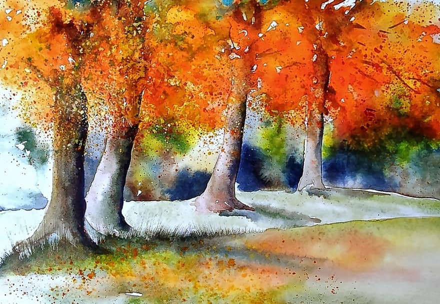 akvarell festészet, ősz, festés, Művészet, természet, tájkép, fák, erdő, levelek, vízfestmény, festék