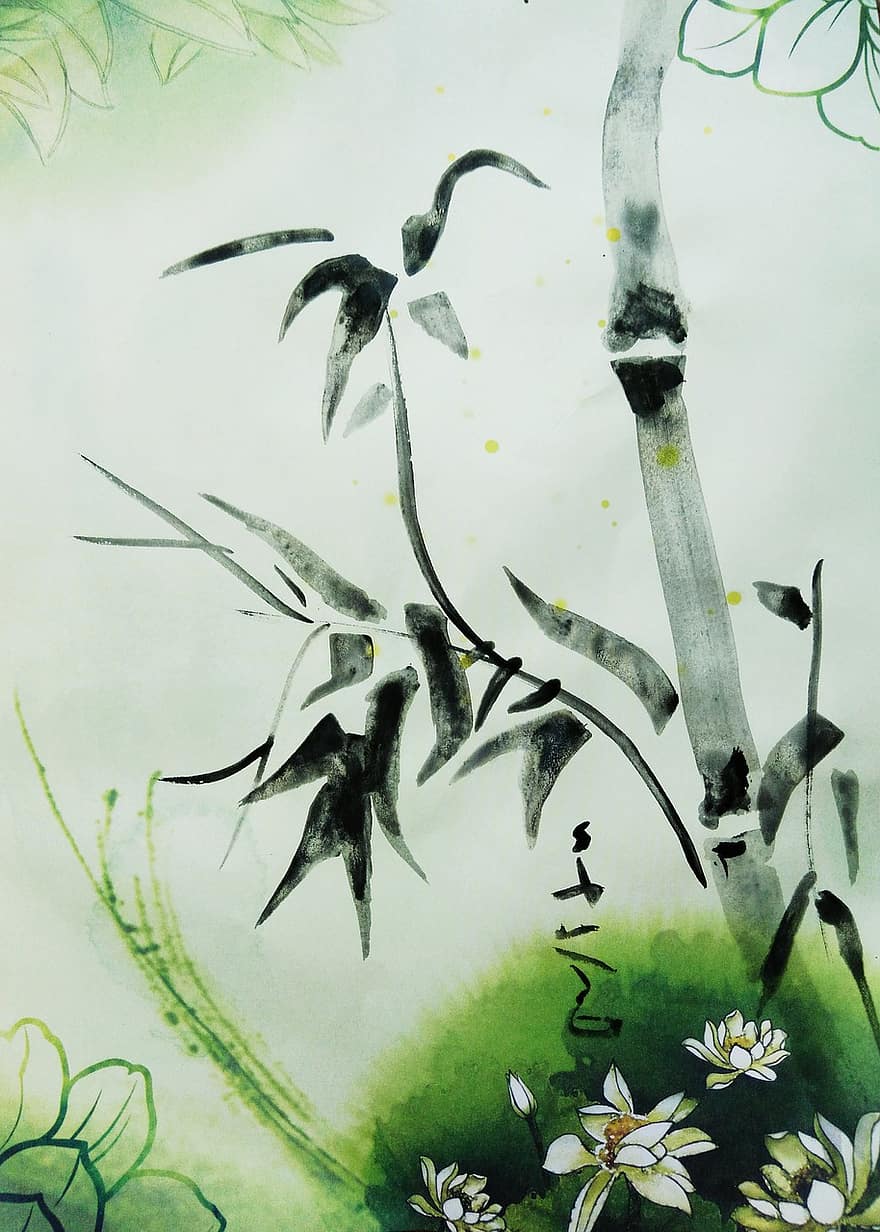 бамбук, китайская живопись, Китай, фигура, традиции, картина, тушь для ресниц, листья бамбука