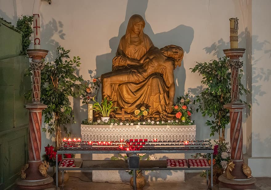 Religion, Pieta, Sculpture, Statue, Candles