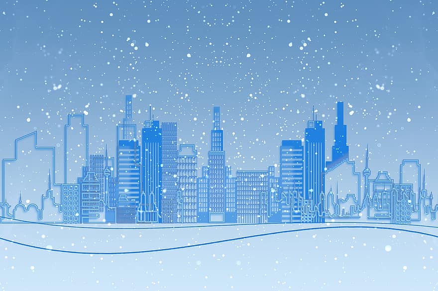 cidade, skyline, inverno, queda de neve, arranha-céus, prédios, torre de tv, paisagem urbana, urbano, neve, utopia