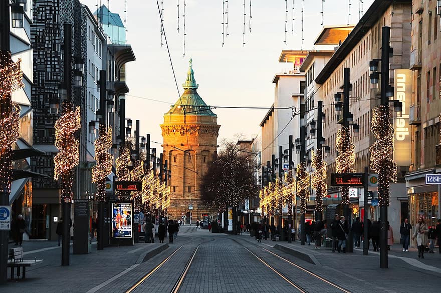 centro da cidade, Mannheim, Torre de água, torre, faixas, trilhos, decorações de Natal