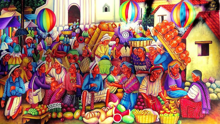 guatemala, māksla, glezna, naivi, sanžanu la laguna, mākslinieciski, etnisko, tirgū, amatniecība