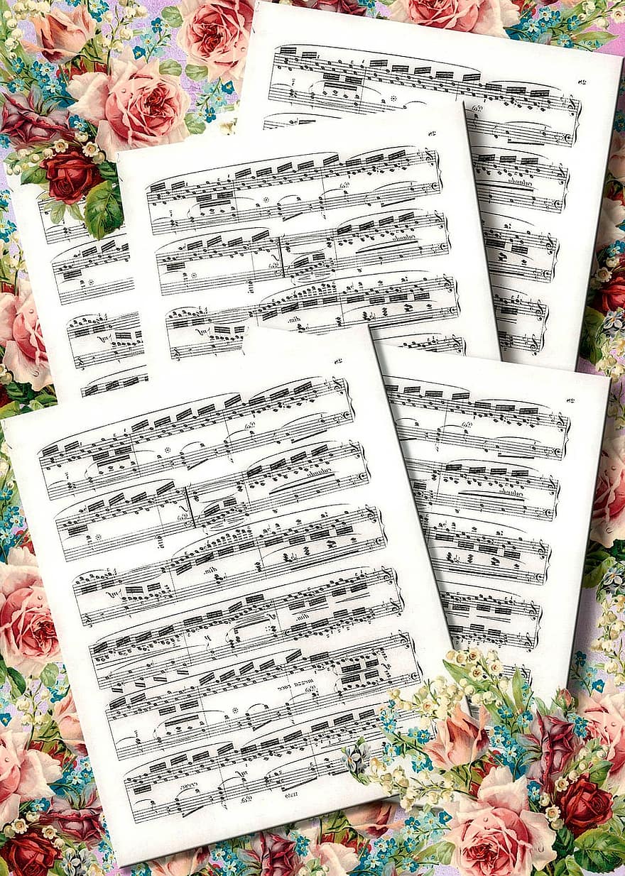 Music, Roses, Scrapbook, Vintage, Shabby Chic, Playful, Background, Musical Note, Romance, Background Image, Postcard