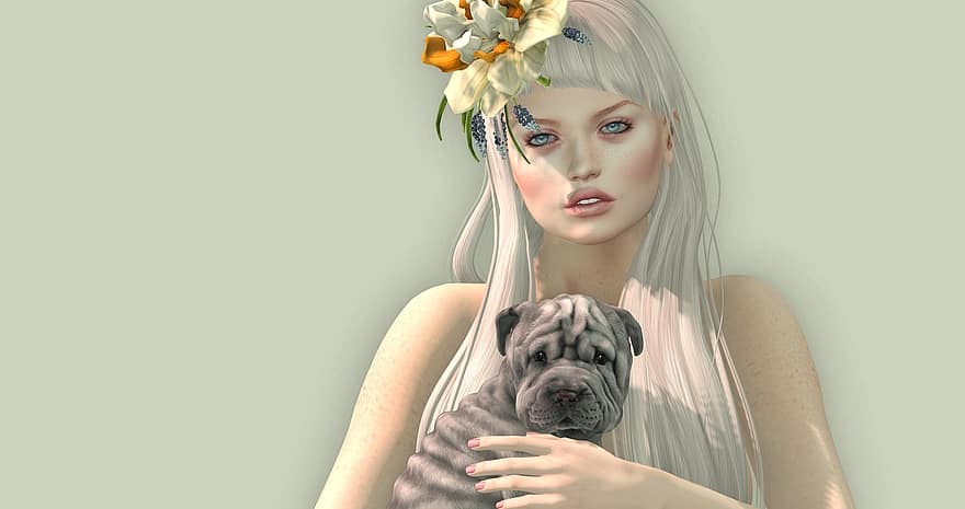 avatar, sieviete, suns, skaistums, portrets