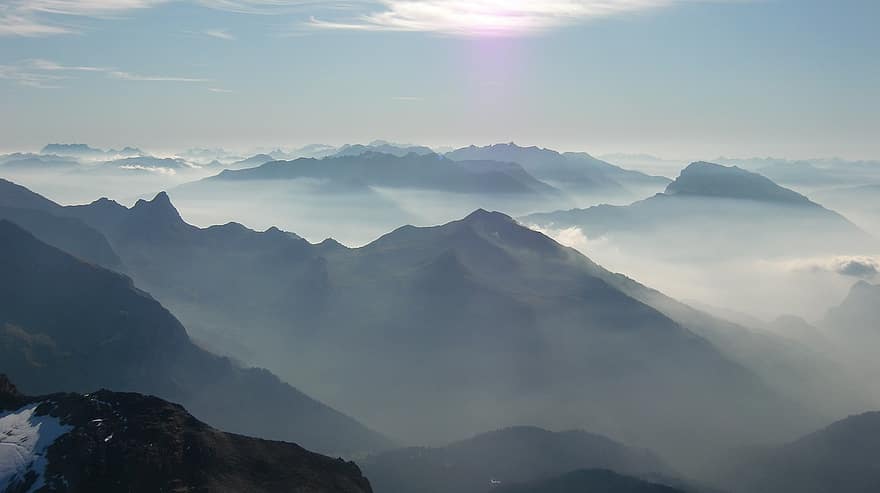 munţi, ceaţă, natură, Alpi, în aer liber, călătorie, Munte, varf de munte, peisaj, de munte, nor