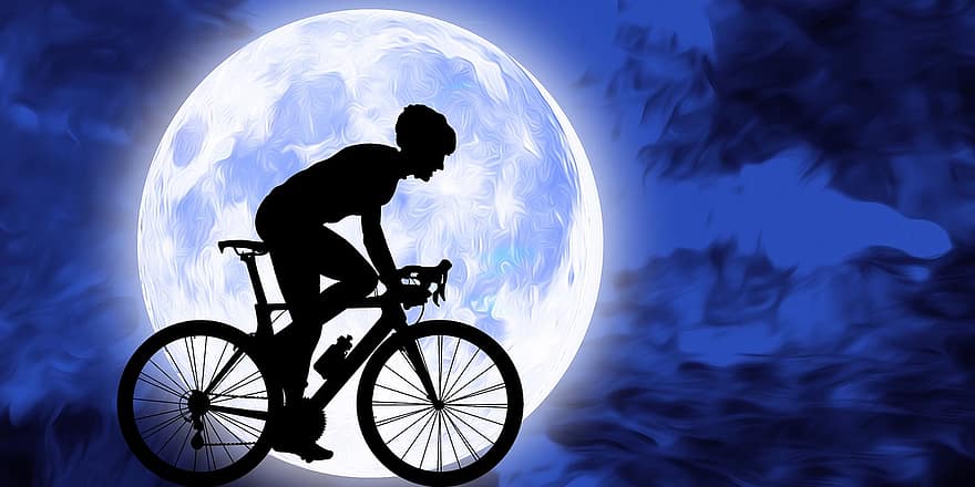 cykel, cykling, sport, kondition, övning, hjul, utomhus-, livsstil, ryttare, måne, mörk