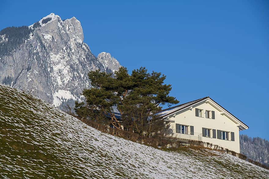 Dům, chata, mlha, hory, zimní, hora, sníh, horský vrchol, krajina, pohoří, modrý