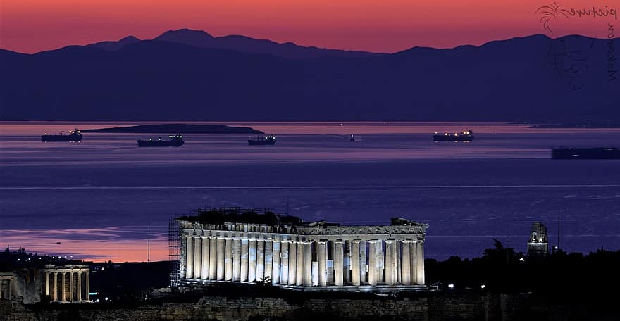 забележителност, Гърция, нощ, здрач, залез, пътуване, известното място, туристически дестинации, пейзаж, архитектура, вода