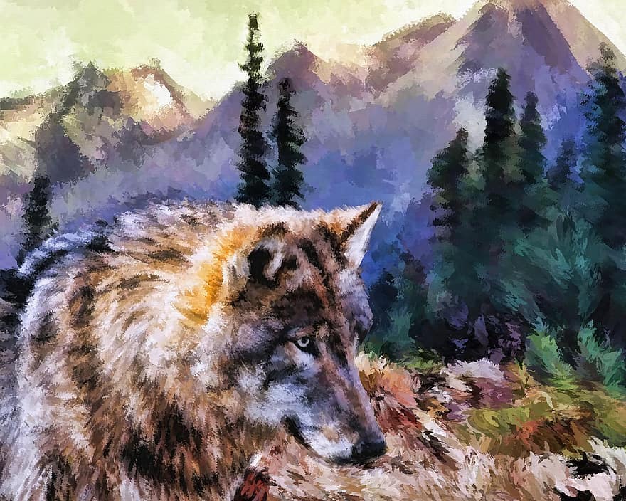 serigala, margasatwa, predator, hewan, di luar rumah, alam, anjing, gunung, pemandangan, musim panas, seni digital