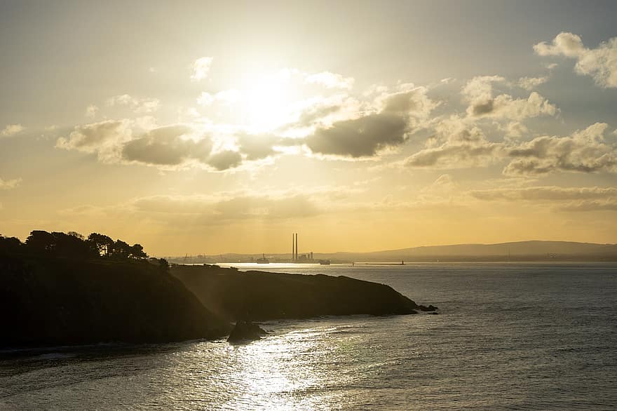 Irlanda, posta de sol, illa, com, paisatge urbà, mar