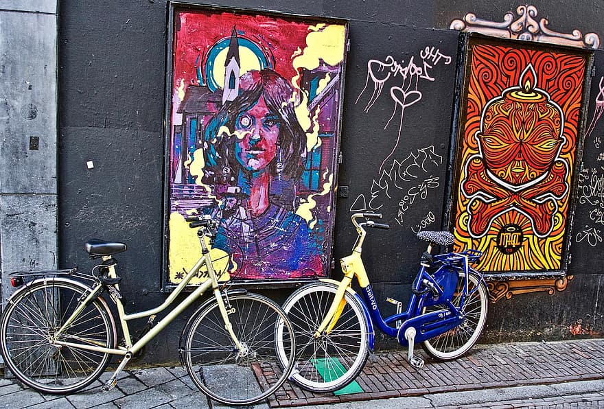 rue, vélos, peintures, mur, les vélos, artistique, graffiti, art, ruelle, ville