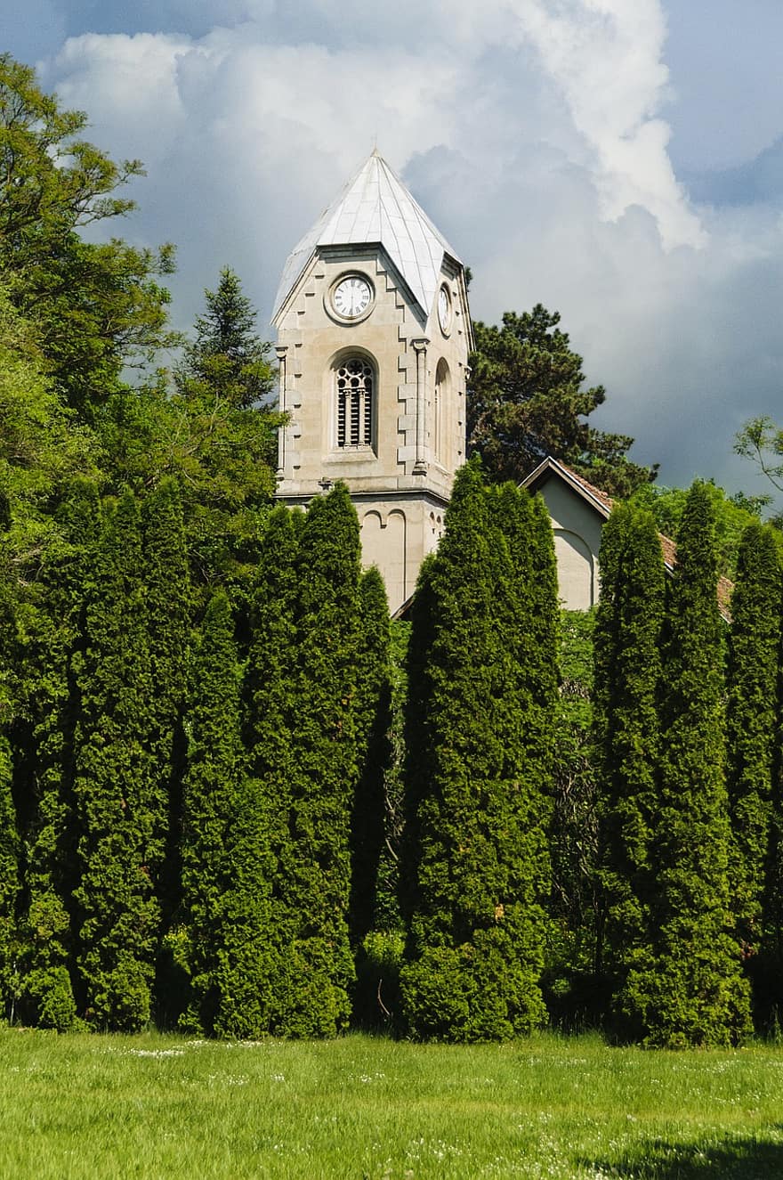 Church, Tower, Architecture, Chapel, Religion, Neo-romanesque Style, Nature Reserve, Arboretum, Hungary, Places Of Interest, Trees
