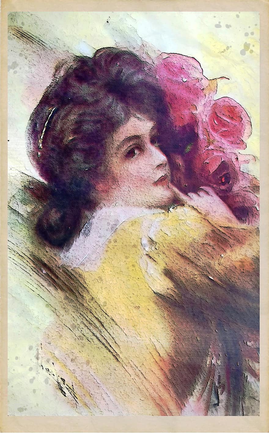 1908年頃の秘密、若い、レディ、女性、花、カラフル、人、面、肖像画、女の子、デジタル
