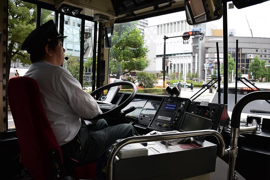 Japón, autobús, transporte, hombre, conducción, trabajando, hombres, adentro, adulto, conductor, maquinaria