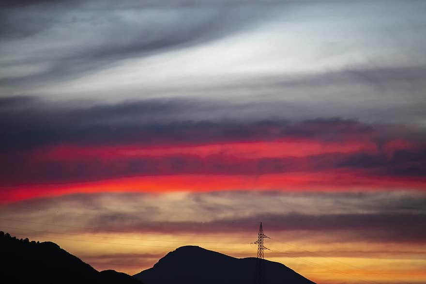 Sunset, Landscape, Mountain, Tower, Sky, Clouds