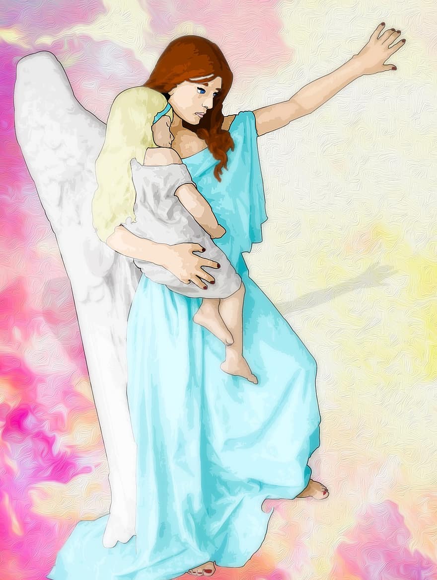 ángel, mujer, niño, religión, cielo, dibujo